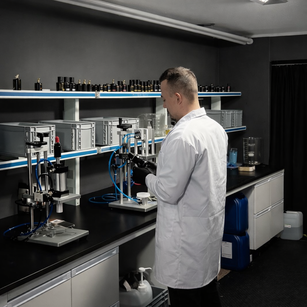 Kim im weißen Labormantel bei der Parfumherstellung