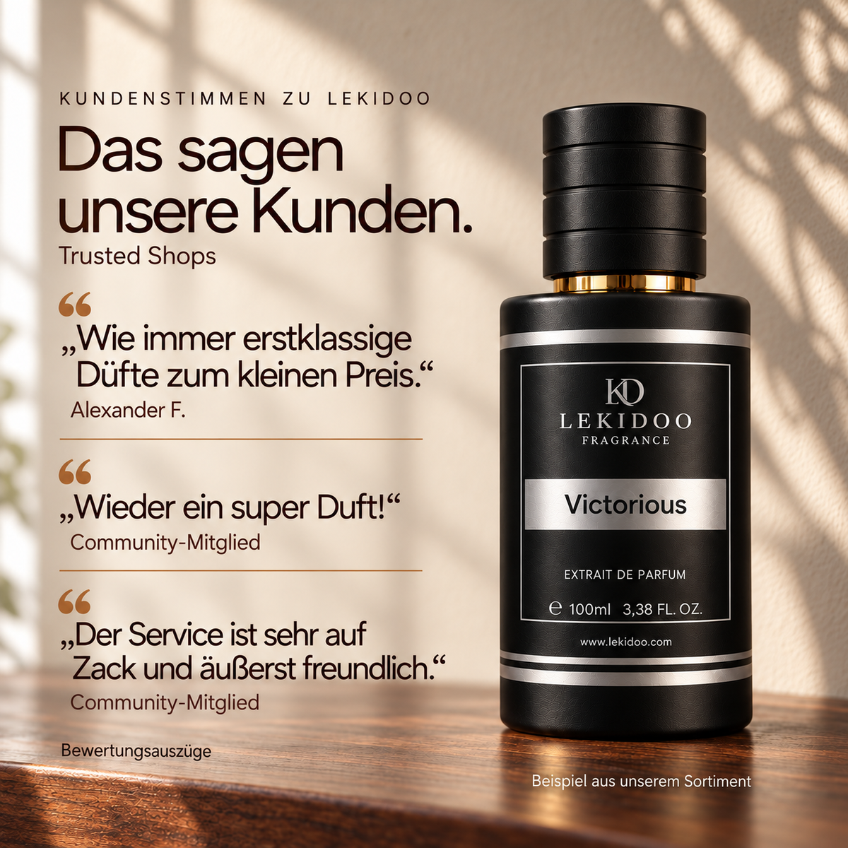 Kundenstimmen zu LEKIDOO: Drei Bewertungsauszüge von Trusted Shops ohne Datum. Flasche als Sortimentsbeispiel.