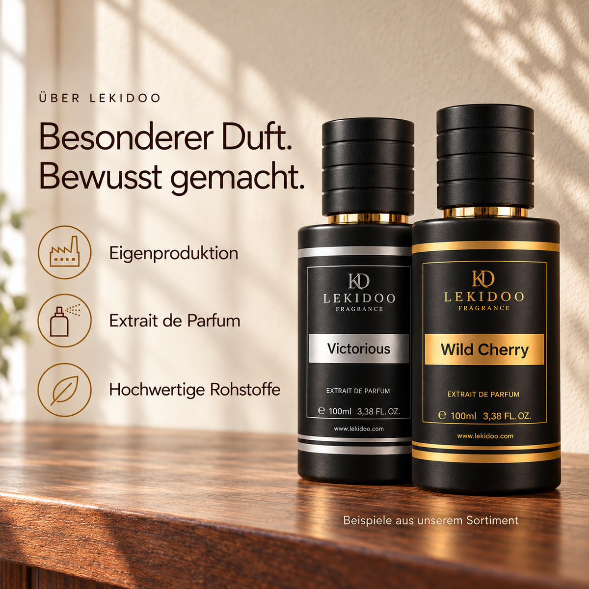 Über LEKIDOO: Eigenproduktion, Extrait de Parfum und hochwertige Rohstoffe. Flaschen als Sortimentsbeispiele.